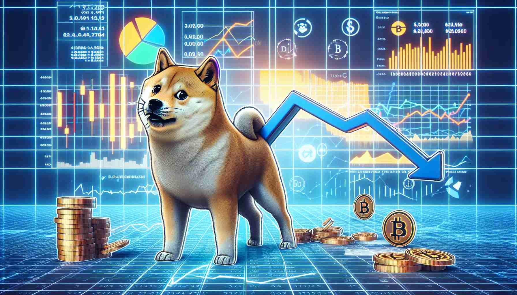 A realistic, high-definition picture illustrating the market position of a meme-based cryptocurrency symbolized by a Japanese dog breed, exhibiting a weakened state. Include a line graph to represent changes in value over time, with a downward trend to demonstrate weakening. Also incorporate symbols of blockchain and finance such as coins, graphs, and algorithms.