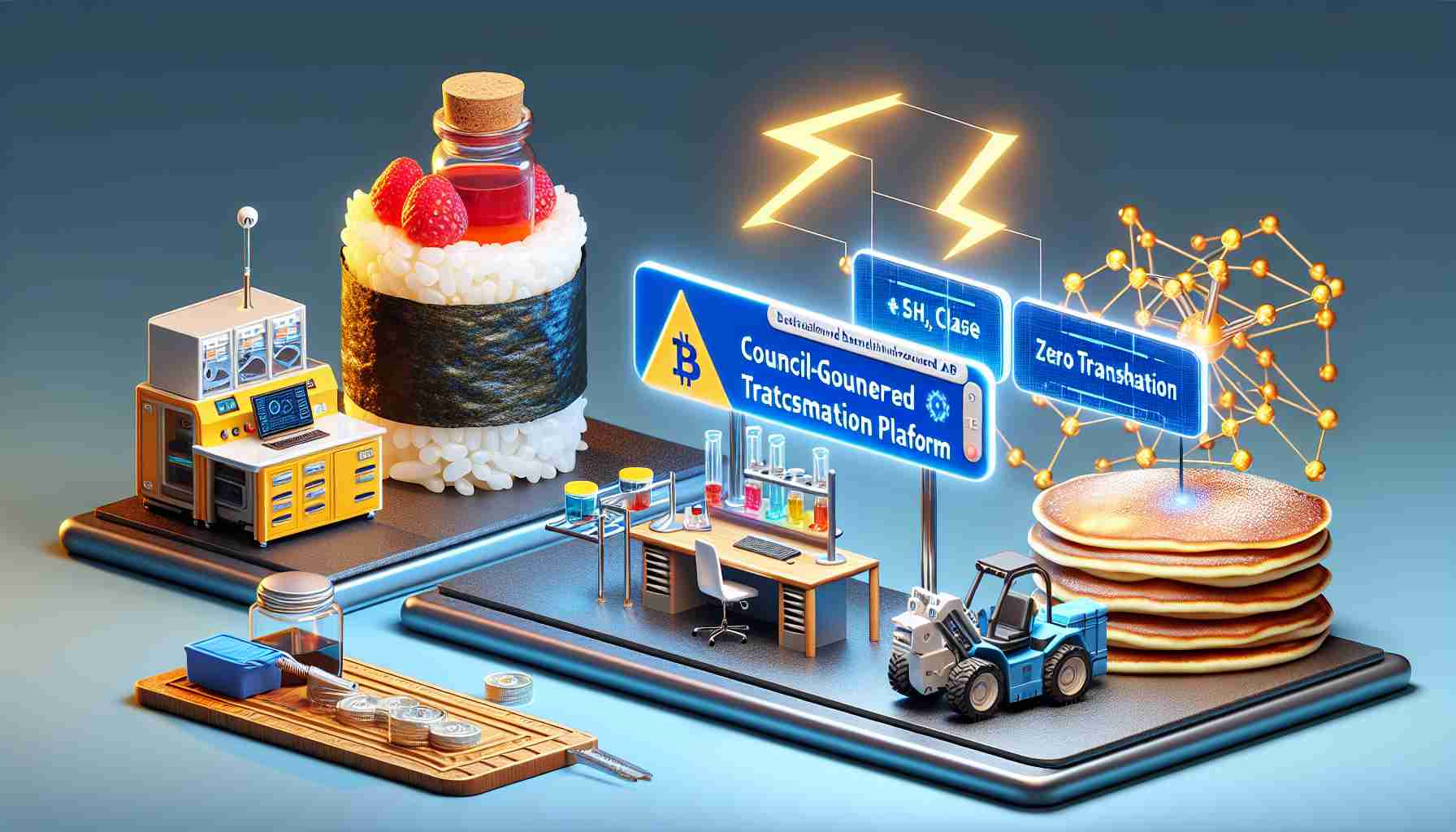 Realistic HD photo representing the concept of a decentralized financial platform introducing a council-governed lab, symbolized by a sushi roll with miniature lab equipment on it. Next to it, another platform, symbolized by a pancake, partners with a zero-gas transaction platform, represented by a Z-shaped lightning bolt, indicating fast and energy-efficient financial transactions.