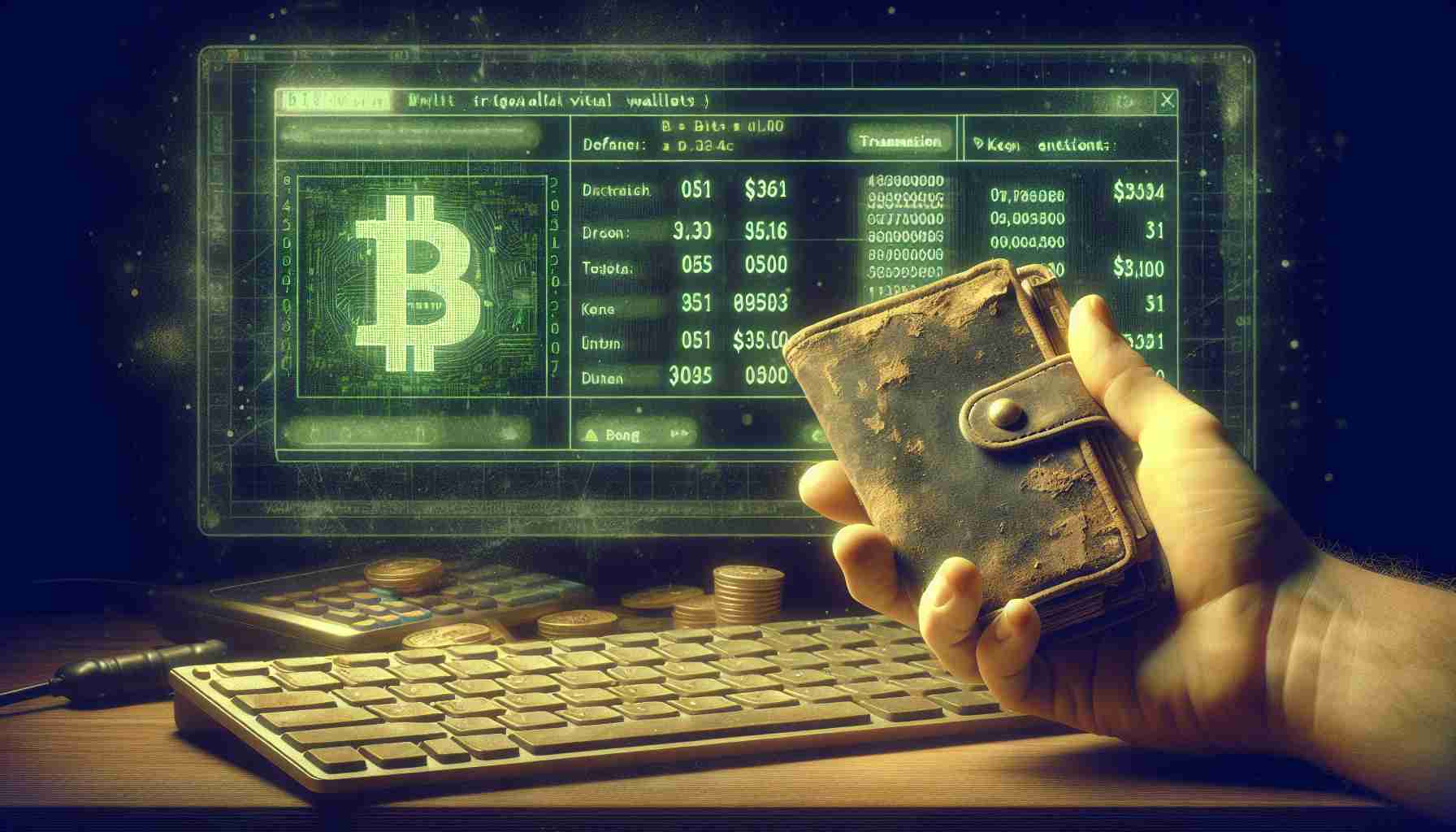 Generate a realistic, high-definition image of a decade-old bitcoin wallet coming back to life as it initiarily participates in a transaction worth $3 million. Visualize this scene by featuring an old, dusty virtual cryptocurrency wallet on a computer screen, with numerical values entering and exiting, perhaps with key elements in green to indicate the successful transaction.