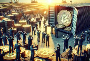 A high-definition, realistic image of physical bitcoins being unloaded from a container. The scene is abuzz with people and activity, suggesting a significant event that might trigger speculation in the cryptocurrency market. The atmosphere is fraught with high anticipation and excitement. Please note, the physical bitcoins are used as a symbol to depict the 'unloading' event, and the 'U.S. Government' refers to an unnamed generic government organization, not a specific entity or figure.