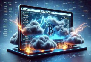 Render a realistic high-definition image of a metaphorical scene. Picture a stock market exchange screen displaying information for Bitcoin ETFs (Exchange Traded Funds). This scene is underlaid with heavy storm clouds to indicate volatility, with lightnings striking the screen, symbolizing price fluctuations. Keep the design modern and digital, with statistics and graphs surrounding the screen.