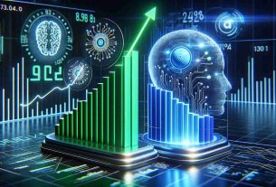 An HD-quality, realistically rendered image of two bar charts. The first chart represents the market value of a major tech company focusing on hardware, signified by a green bar. The second chart represents the market value of another tech company, known for its software products, signified by a blue bar. The green bar is visibly higher, indicating the hardware-focused tech company surpassing the software-focused tech company in market value. In the background, there are symbols and images denoting artificial intelligence, emphasizing the focus on AI.