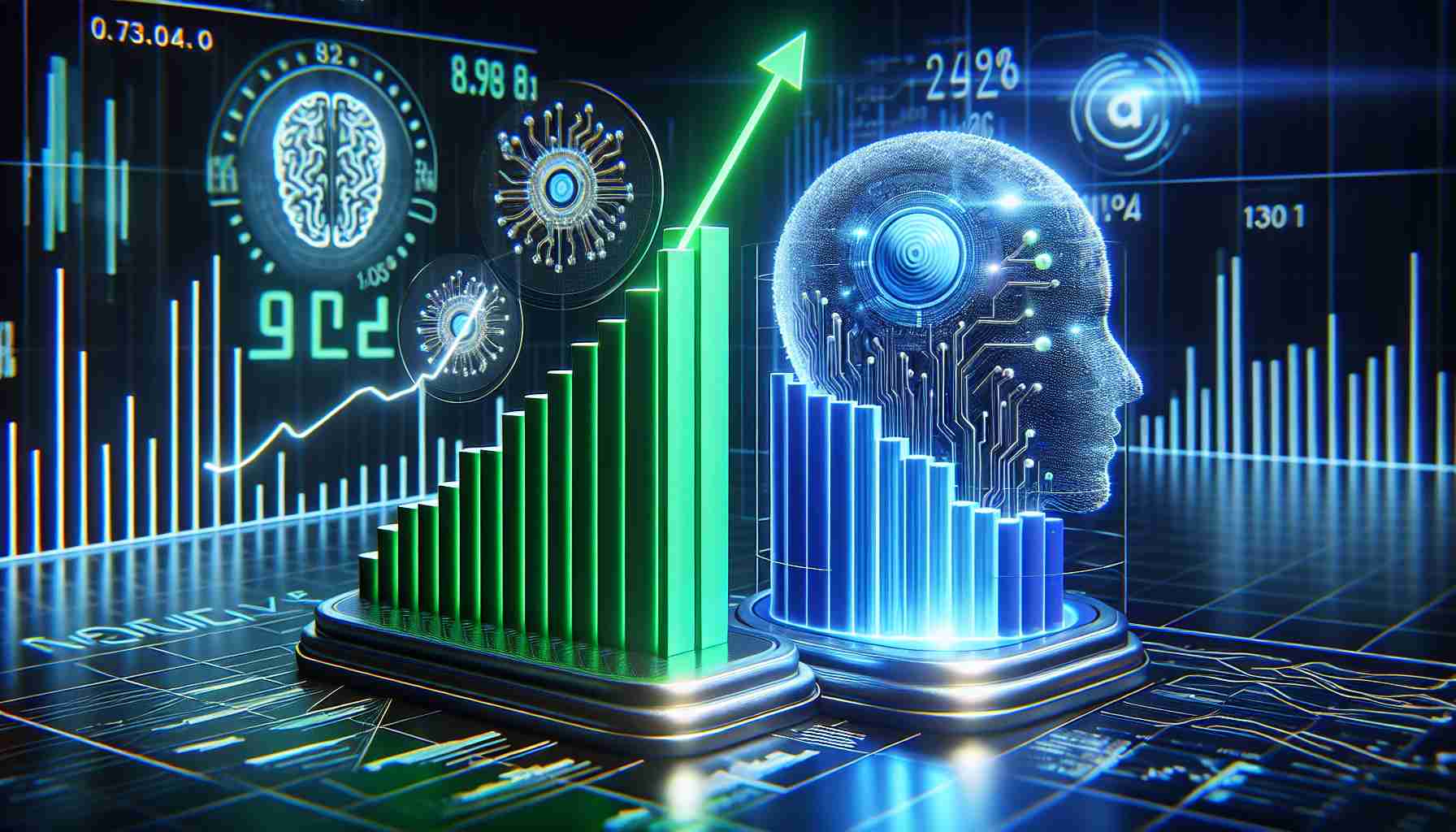 An HD-quality, realistically rendered image of two bar charts. The first chart represents the market value of a major tech company focusing on hardware, signified by a green bar. The second chart represents the market value of another tech company, known for its software products, signified by a blue bar. The green bar is visibly higher, indicating the hardware-focused tech company surpassing the software-focused tech company in market value. In the background, there are symbols and images denoting artificial intelligence, emphasizing the focus on AI.