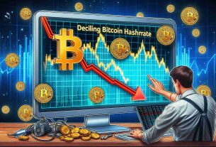 Create a realistic high definition image representing a declining bitcoin hashrate signaling pressure on mining profits. You may include elements such as a computer with complex algorithms on the screen, bitcoin symbols in a downward trend on a stock market graph, a worried miner viewing this data on his screen, and others equally associated with the concept of declining bitcoin hashrate and mining profits.