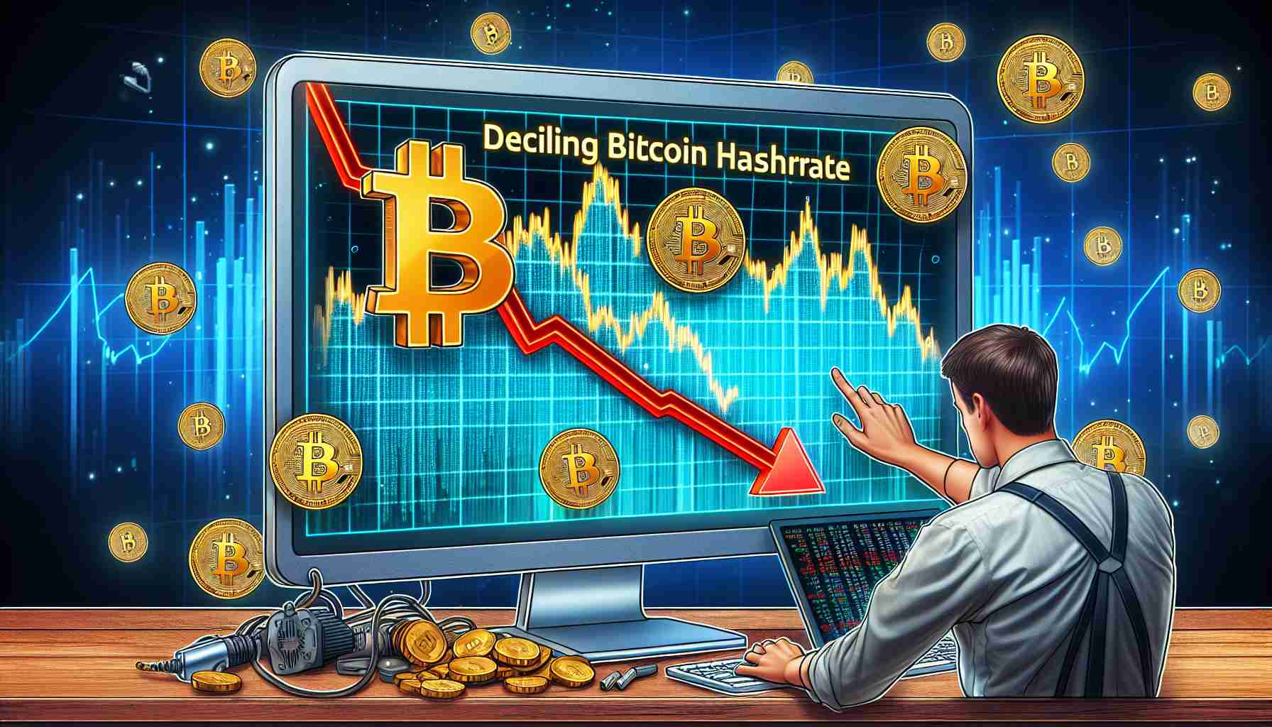 Create a realistic high definition image representing a declining bitcoin hashrate signaling pressure on mining profits. You may include elements such as a computer with complex algorithms on the screen, bitcoin symbols in a downward trend on a stock market graph, a worried miner viewing this data on his screen, and others equally associated with the concept of declining bitcoin hashrate and mining profits.