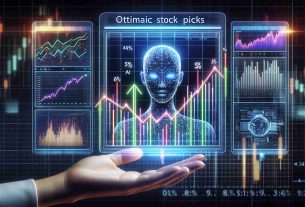 Create a realistic high-definition image depicting a concept of strategizing AI investments. The image shows a trio of optimal stock picks on a digital screen, perhaps each represented by a different colored line on a stock market graph. Alongside the graph, there must be some relevant data such as percentages, arrows pointing up symbolizing growth, and possibly even a futuristic AI element like code running in the background or a holographic display to accentuate the AI theme.