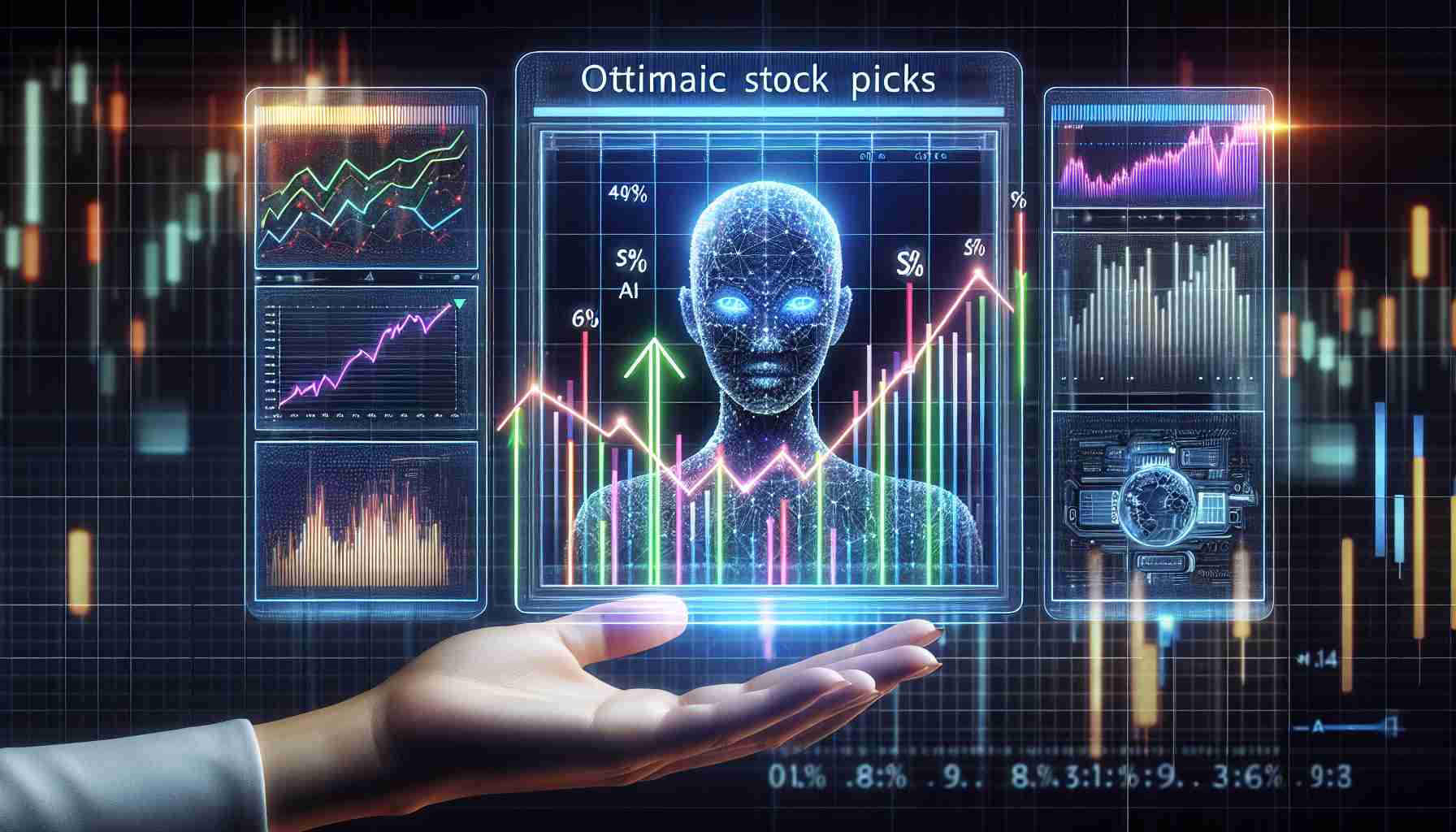 Create a realistic high-definition image depicting a concept of strategizing AI investments. The image shows a trio of optimal stock picks on a digital screen, perhaps each represented by a different colored line on a stock market graph. Alongside the graph, there must be some relevant data such as percentages, arrows pointing up symbolizing growth, and possibly even a futuristic AI element like code running in the background or a holographic display to accentuate the AI theme.