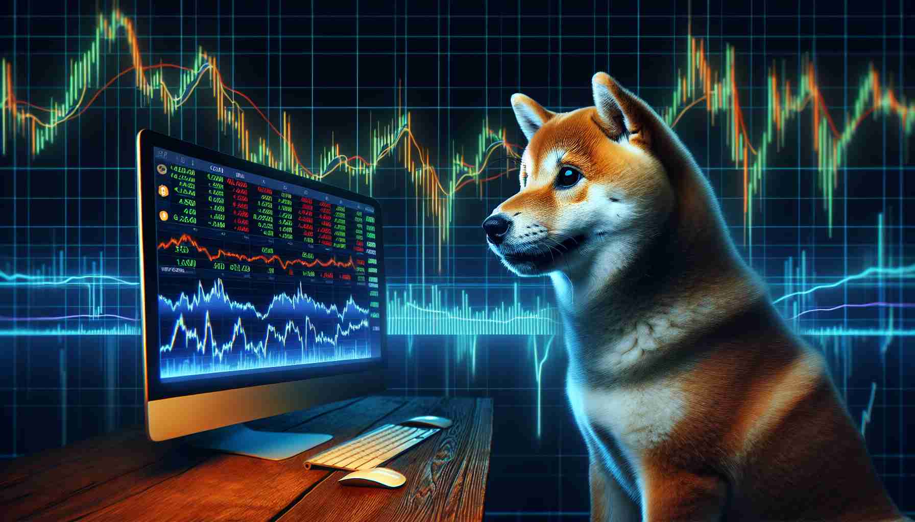 A high-definition, realistic image of a Shiba Inu dog, depicted in an environment that represents a sense of turbulence due to uncertain market conditions. Possibly the dog could be staring intently at a computer screen showing fluctuating stock market charts with cryptocurrency symbols, symbolizing its engagement with the unpredictable world of crypto transactions.