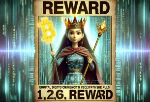 Generate a realistic HD image of a poster offering a large reward for a fugitive who is known as the 'Cryptoqueen'. This digital currency specialist is on the run. She is depicted as an animated character with long hair, wearing a crown made of glowing binary codes, and holding a golden scepter that symbolizes her dominance in the crypto world. The backdrop of the poster is a mix of techno-digital patterns to represent the world of virtual currency she rules. Ensure this woman represents a diverse character, in this case, a Hispanic woman.