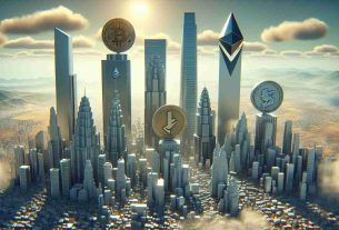 Render a realistic and high-definition visual representation of the emergence of dominant players in the cryptocurrency market. Picture this in a metaphorical or symbolic sense, having major cryptocurrencies like Bitcoin, Ethereum, and Litecoin symbolized as towering skyscrapers or titanic entities in a cityscape. Their size should correspond to their market dominance. Smaller buildings or entities could represent emerging altcoins. The overall atmosphere should harbor a sense of competitiveness and dynamism. Note: This is an abstract, not literal, concept.