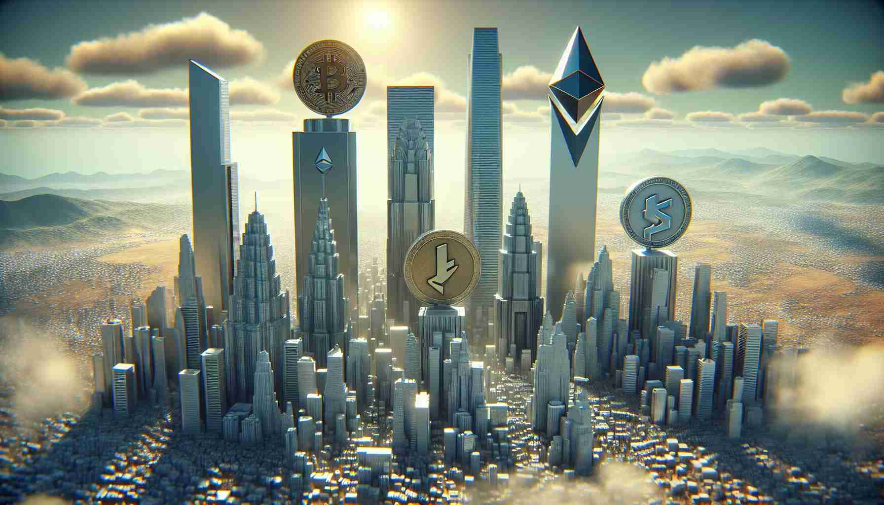 Render a realistic and high-definition visual representation of the emergence of dominant players in the cryptocurrency market. Picture this in a metaphorical or symbolic sense, having major cryptocurrencies like Bitcoin, Ethereum, and Litecoin symbolized as towering skyscrapers or titanic entities in a cityscape. Their size should correspond to their market dominance. Smaller buildings or entities could represent emerging altcoins. The overall atmosphere should harbor a sense of competitiveness and dynamism. Note: This is an abstract, not literal, concept.