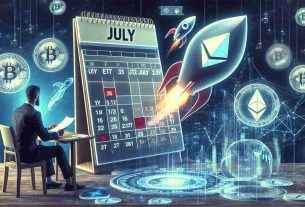 Generate a high definition realistic visual representation of the concept 'Ethereum ETFs launching by Early July', as suggested by an analyst. The image may include symbolic elements like a calendar showing July, a rocket taking off (indicating the 'launch'), Ethereum logos, and a figure of an analytical person or analyst studying the trends and making suggestions.