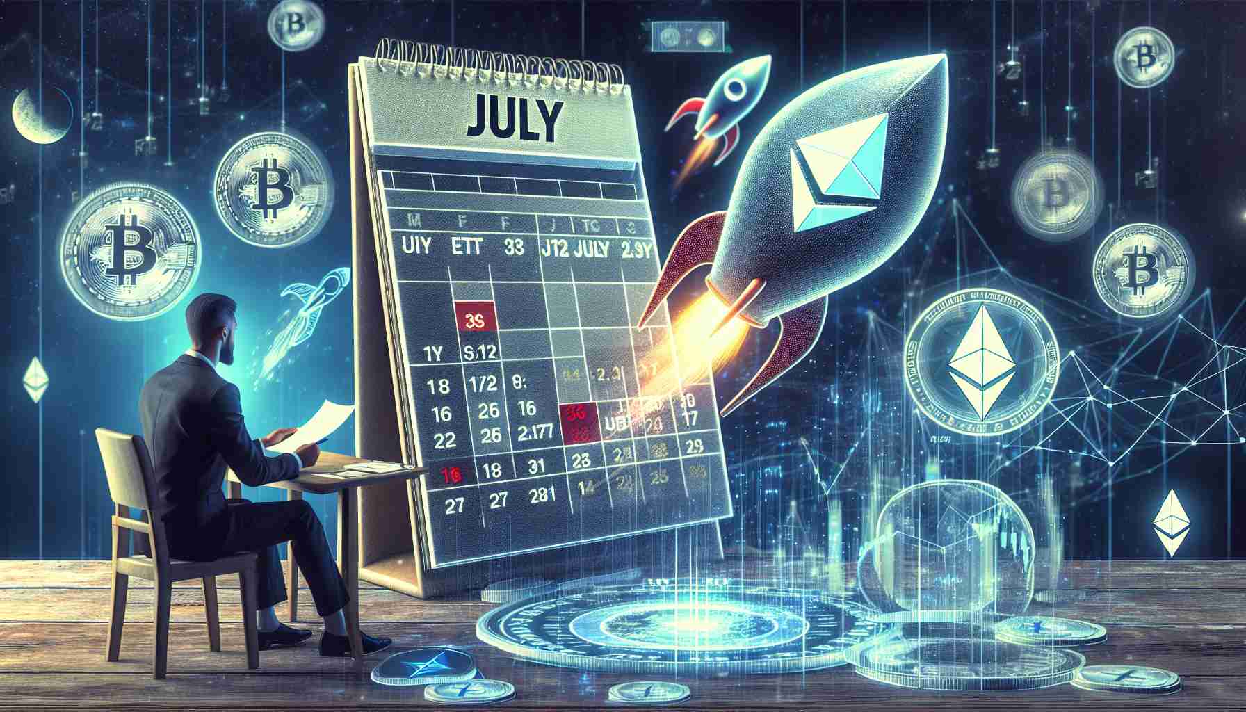 Generate a high definition realistic visual representation of the concept 'Ethereum ETFs launching by Early July', as suggested by an analyst. The image may include symbolic elements like a calendar showing July, a rocket taking off (indicating the 'launch'), Ethereum logos, and a figure of an analytical person or analyst studying the trends and making suggestions.