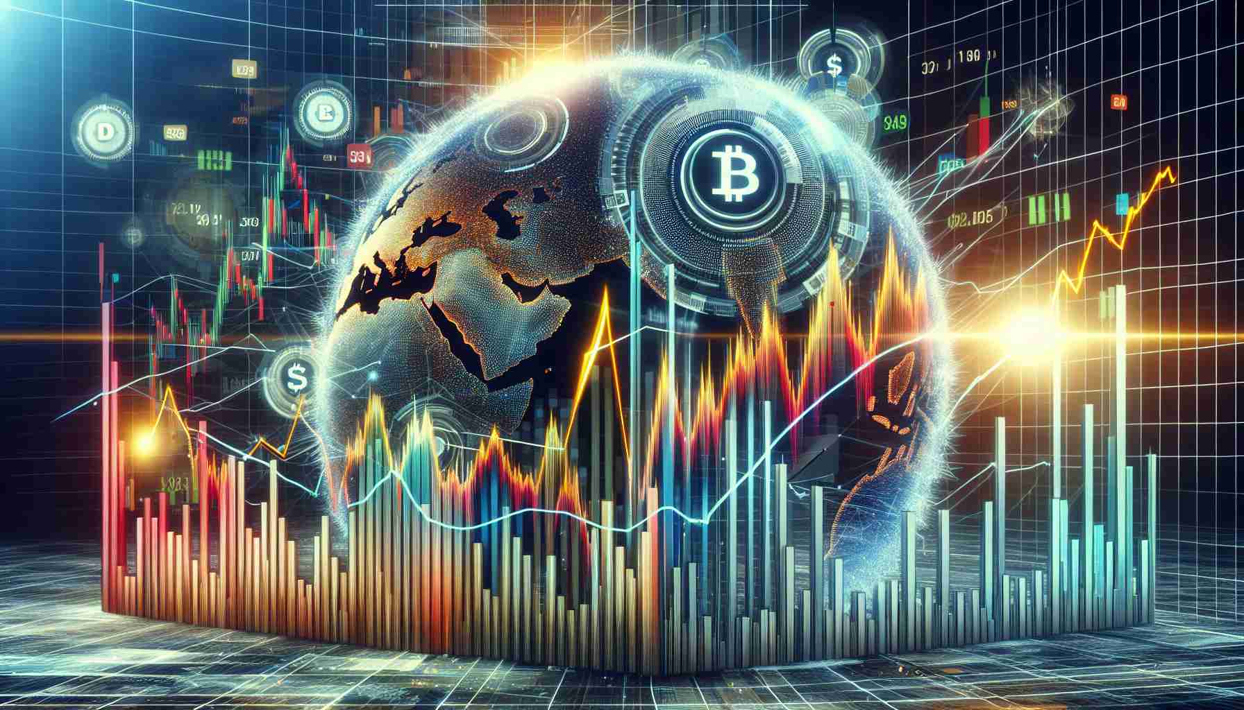 An ultra high-definition, realistic graph displaying the fluctuating price of the DEGEN Token cryptocurrency over a given period of time. The chart's values suddenly spike following indicators of increased social media activity and discussions about the currency. The image should include various graphic elements such as bar graphs and line charts, with bright, contrasting colors denoting different periods of activity.