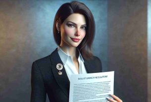 High-definition, realistic image of an esteemed woman legal expert, who is championing innovative approaches in the regulation of cryptocurrency. She has medium-length hair, and is wearing professional attire, with a pin to signify her dedication to the legal sphere. She holds a document related to cryptocurrency regulations with a confident and dedicated expression.