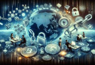 A high-definition artwork that depicts the significant developments in the cryptocurrency sector. The scene should feature a collection of symbolic elements often associated with blockchain and crypto, such as padlocks, chains, encryptions, and binary code. The background could be a global map, demonstrating the worldwide reach and impact of these technologies. For a human touch, include a diverse set of people — an Asian woman and a Caucasian man, for instance — working on computers, symbolizing the various stakeholders and enthusiasts in the crypto world. Please do not include any specific coins or firms to maintain neutrality.