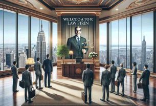 Realistic HD photo of a New York law firm, renowned for its innovative work in the legal field, extending a warm welcome to an esteemed attorney, an expert in blockchain and cryptocurrency laws. The scene portrays the inside of a spacious, upscale law firm with majestic city views, a congratulatory banner, and smiling co-workers ready for their new addition.