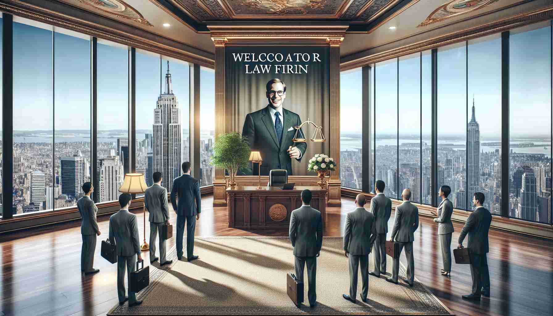 Realistic HD photo of a New York law firm, renowned for its innovative work in the legal field, extending a warm welcome to an esteemed attorney, an expert in blockchain and cryptocurrency laws. The scene portrays the inside of a spacious, upscale law firm with majestic city views, a congratulatory banner, and smiling co-workers ready for their new addition.