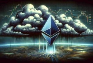 A high-definition, realistic image of an illustration depicting the symbol of Ethereum Classic, a cryptocurrency, portrayed in a turbulent, stormy environment reflecting bearish market signals and financial instability. The atmosphere is gloomy with dark clouds hovering on top, signifying a struggling market scenario linked to the digital asset. There are indicators and charts in the background subtly representing a downward trend in cryptocurrency market trends.