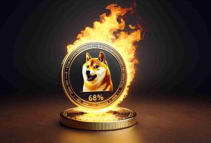 An ultra-high-definition photo of a representation of Shiba Inu cryptocurrency, depicted as a golden coin with the archetypal Shiba Inu dog engraved on it. A large flame is engulfing the coin, symbolizing the dramatic increase in the token burn rate, quantitatively noted as over 685% in the backdrop. Keep the scene realistic with almost tangible details in the coin and flame texture.