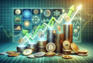 An image of various emerging cryptocurrencies manifesting their momentum with an upward moving graph. There might be a stack of physical representations of these cryptocurrencies like coins with an array of symbols associated with them, chart screens filled with green arrows pointing upwards in the background. The scene should depict the rising trend and the growing acceptance of these digital currencies. All depicted in a detailed, realistic HD quality.