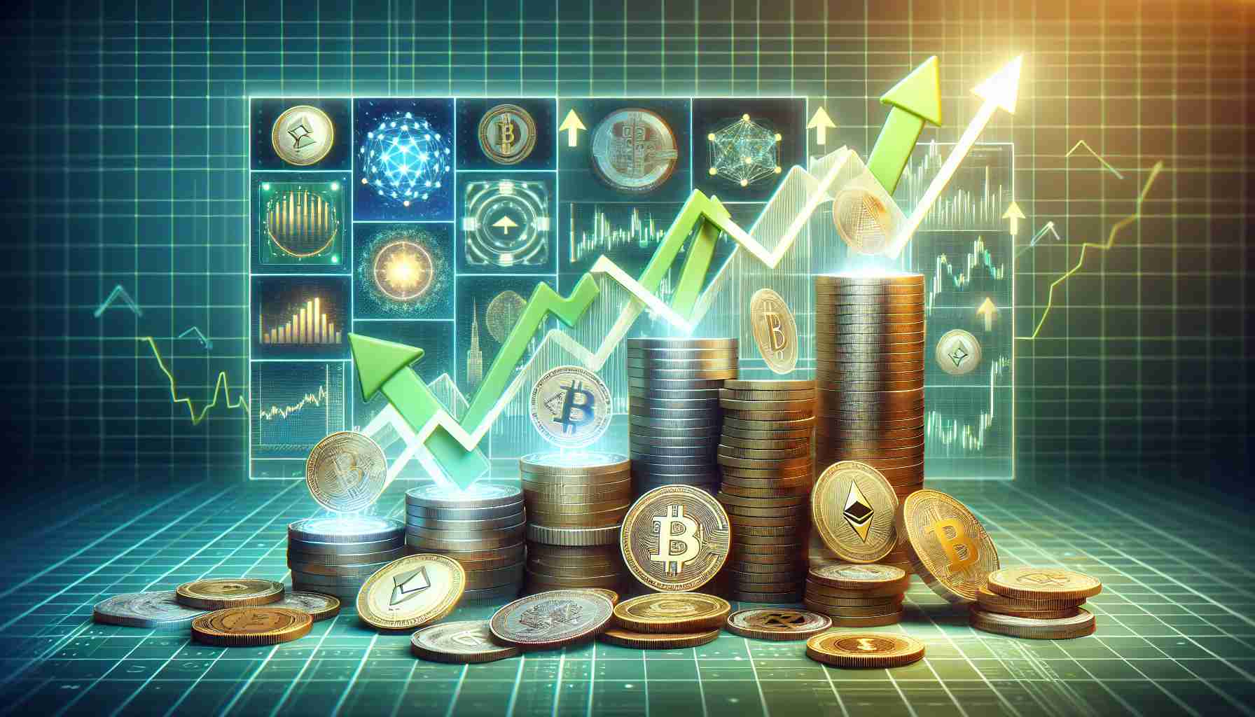 An image of various emerging cryptocurrencies manifesting their momentum with an upward moving graph. There might be a stack of physical representations of these cryptocurrencies like coins with an array of symbols associated with them, chart screens filled with green arrows pointing upwards in the background. The scene should depict the rising trend and the growing acceptance of these digital currencies. All depicted in a detailed, realistic HD quality.