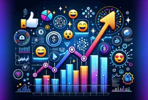 Generate a High Definition image that is realistic and shows the concept of increasing user engagement with positive price momentum on an unspecified blockchain network. The design could include a trending upward graph, emoticons expressing positivity, and symbols representing extensive user activity. Also, please incorporate visually the idea of a digital coin or blockchain technology, without specifying a particular one.