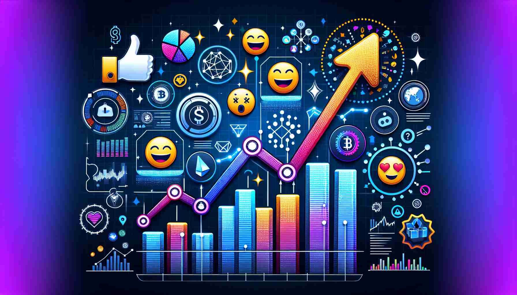 Generate a High Definition image that is realistic and shows the concept of increasing user engagement with positive price momentum on an unspecified blockchain network. The design could include a trending upward graph, emoticons expressing positivity, and symbols representing extensive user activity. Also, please incorporate visually the idea of a digital coin or blockchain technology, without specifying a particular one.