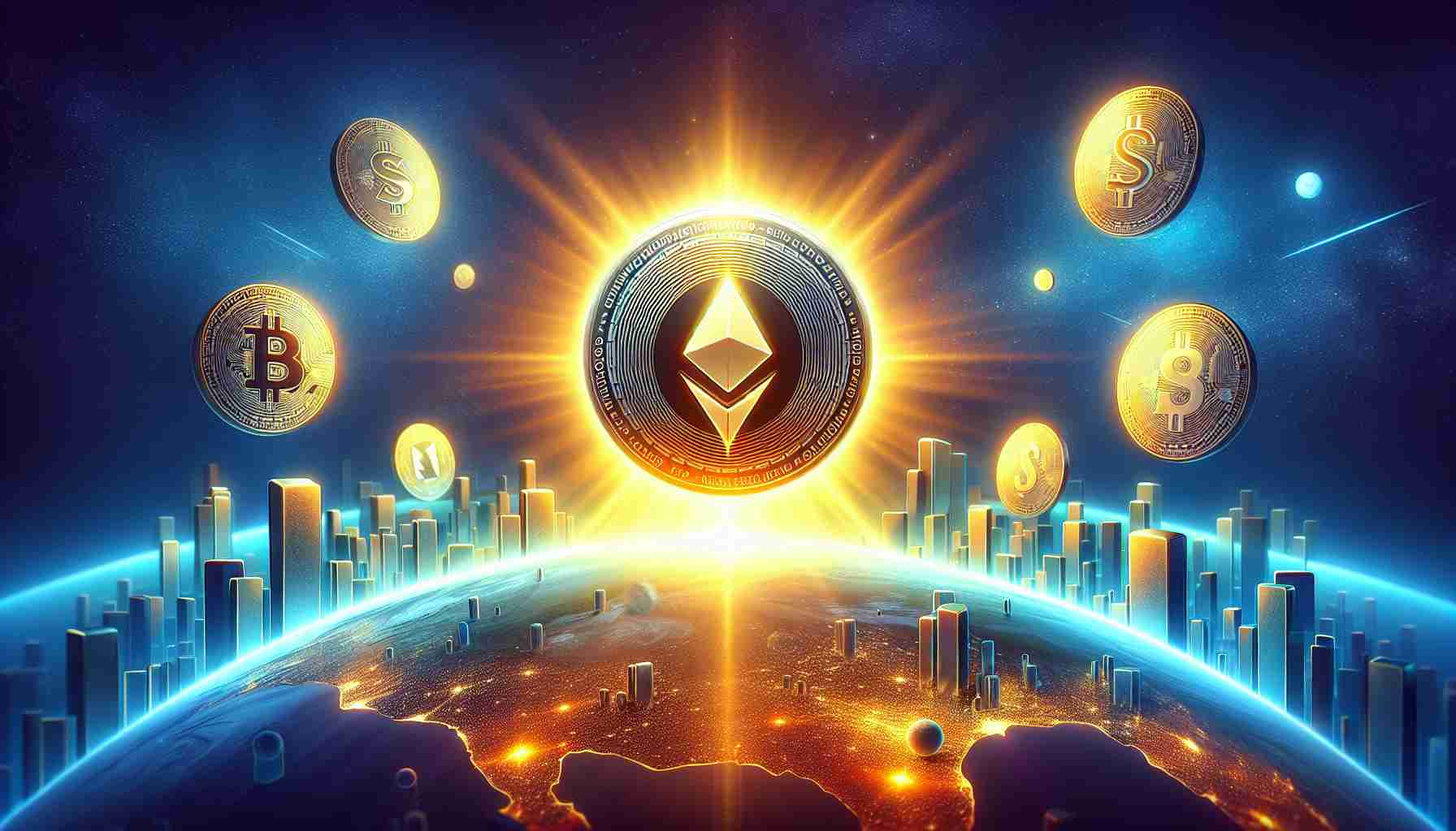 Create a high-definition, realism-inspired image representing the cryptocurrency Solana shining brightly, symbolizing its exceptional 24-hour surge, in comparison to other major cryptocurrencies, which are represented as dimmer and less luminous.