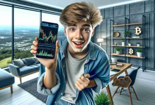 A highly detailed and vivid image of a teenage bitcoin investor, holding up a smartphone showing cryptocurrency charts. This young person, displaying an amazed expression, is flaunting their success in a lush and spacious home office decorated with minimalist modern furniture. Their attire is casual yet trendy, hinting a modern outlook towards investment and finance. Visible in the background is a large window, opening up to a beautiful panoramic city view, paralleling the young investor's elevated financial status.