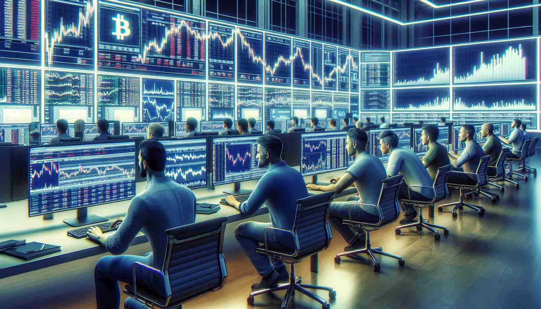 A realistic high definition image showcasing altcoin traders at work. The setting is a bustling modern trading floor with several traders analyzing data at computers. The traders, embodying diversity with men and women from trans-ethnic backgrounds including Caucasian, African, Hispanic, Middle Eastern and South Asian descent, are intently strategizing and positioning their trades. There should be visible market trend graphs and digitalized altcoin representations on large screens overhead. The atmosphere conveys intense concentration and high energy indicative of active trading environments.