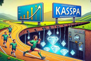 A detailed high-definition image of a symbolic representation of a marathon flowing into a mine. Inside the mine are diamonds labeled 'Kaspa', symbolizing the pivot to mining Kaspa. The mine leads to a signboard that reads 'Cryptocurrency's Remarkable Rally' with upward pointing arrows and a chart reflecting growth.