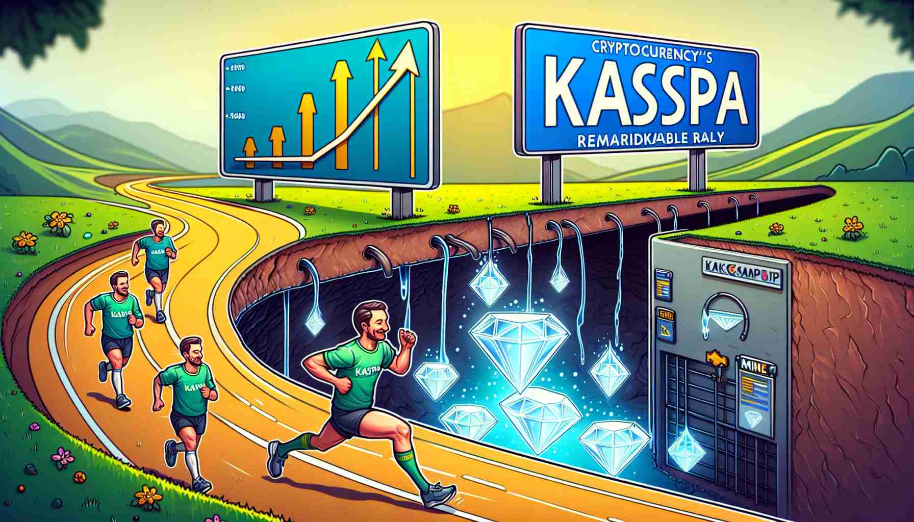 A detailed high-definition image of a symbolic representation of a marathon flowing into a mine. Inside the mine are diamonds labeled 'Kaspa', symbolizing the pivot to mining Kaspa. The mine leads to a signboard that reads 'Cryptocurrency's Remarkable Rally' with upward pointing arrows and a chart reflecting growth.