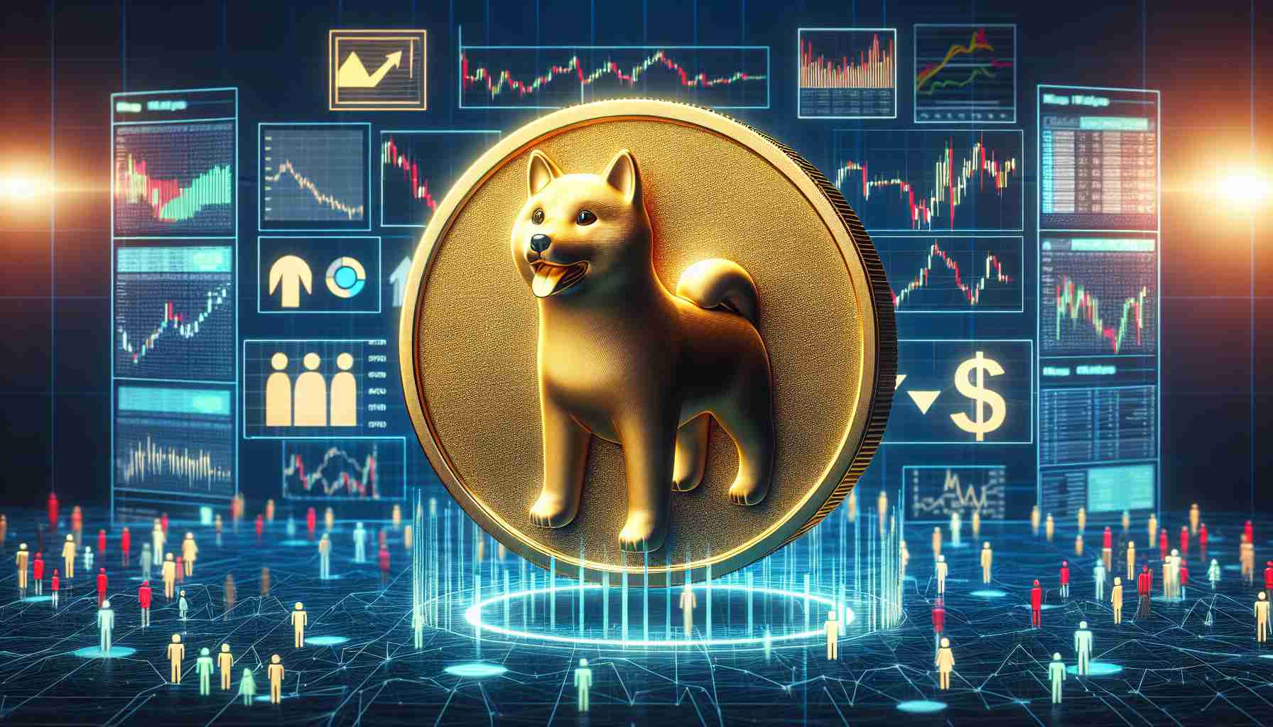 An accurately detailed and high-definition representation of the concept of a Shiba Inu token that is possibly undervalued amidst market activity. This could be portrayed as a golden Shiba Inu dog coin with an undervalued price tag, surrounded by different symbols of economic activity such as graphs, stock market screens, and people actively trading.