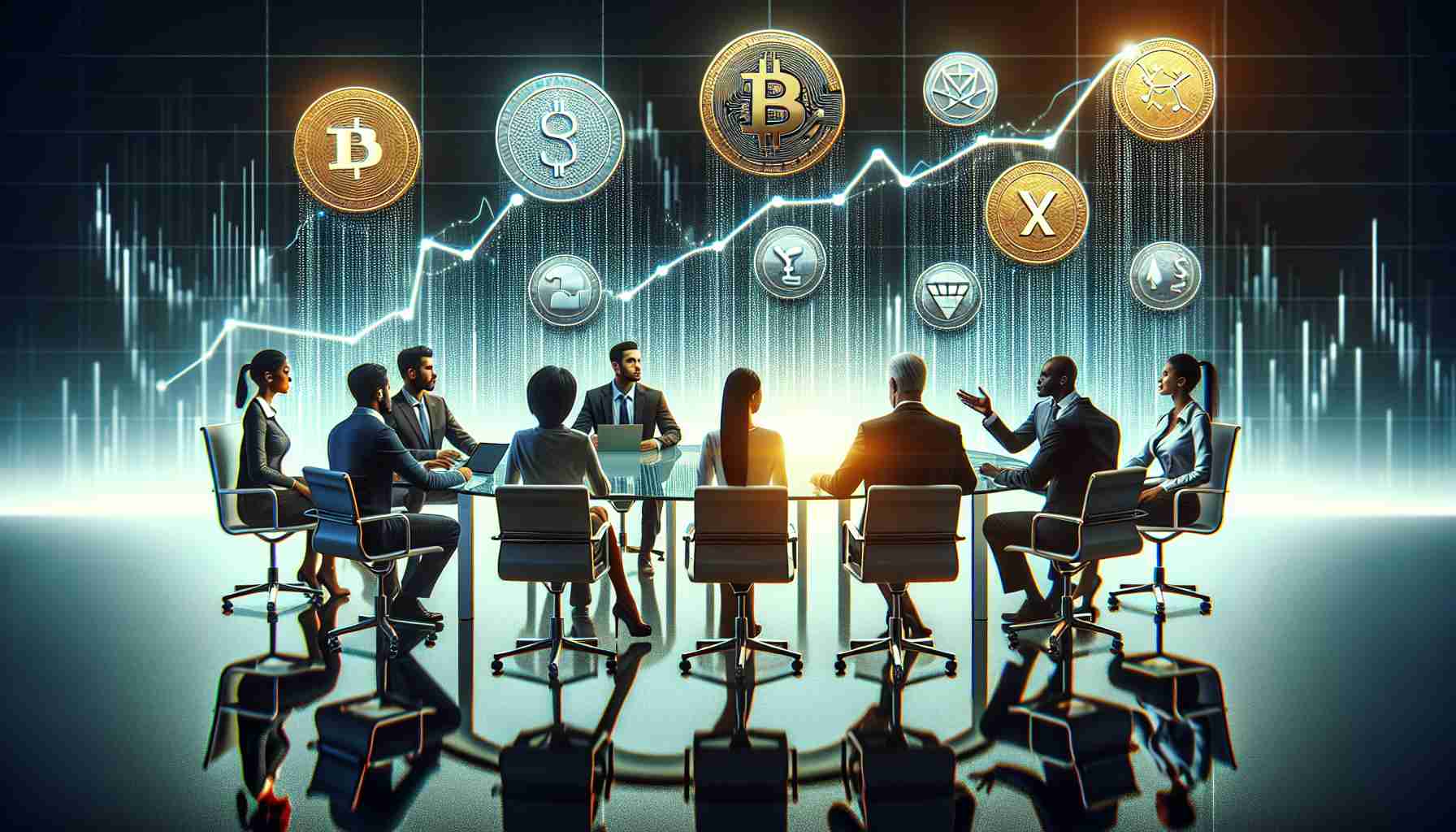 A high-definition, realistic image that represents the concept of cryptocurrency investors being advised to make wise decisions when selecting alternative cryptocurrencies during a period of market uncertainty. The scene could include several diverse cryptocurrency investors of different genders and descents (e.g., a Black woman, a Middle-Eastern man, and a Hispanic woman), sitting at a round table with a glassy surface reflecting the fluctuating graphs symbolizing the market volatility. There could also be different altcoin symbols floating above the table, symbolizing their potential choices of investments.