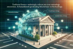 Create a realistic, HD image inspired by the concept of traditional finance warmly embracing blockchain technology. Visualization could include symbolic elements such as an old-fashioned, elaborate banking building and a futuristic digital structure intertwining in harmony, analogous to the advertisements put forth by well known financial institutions showing the intersection of pioneering technology and established financial systems.