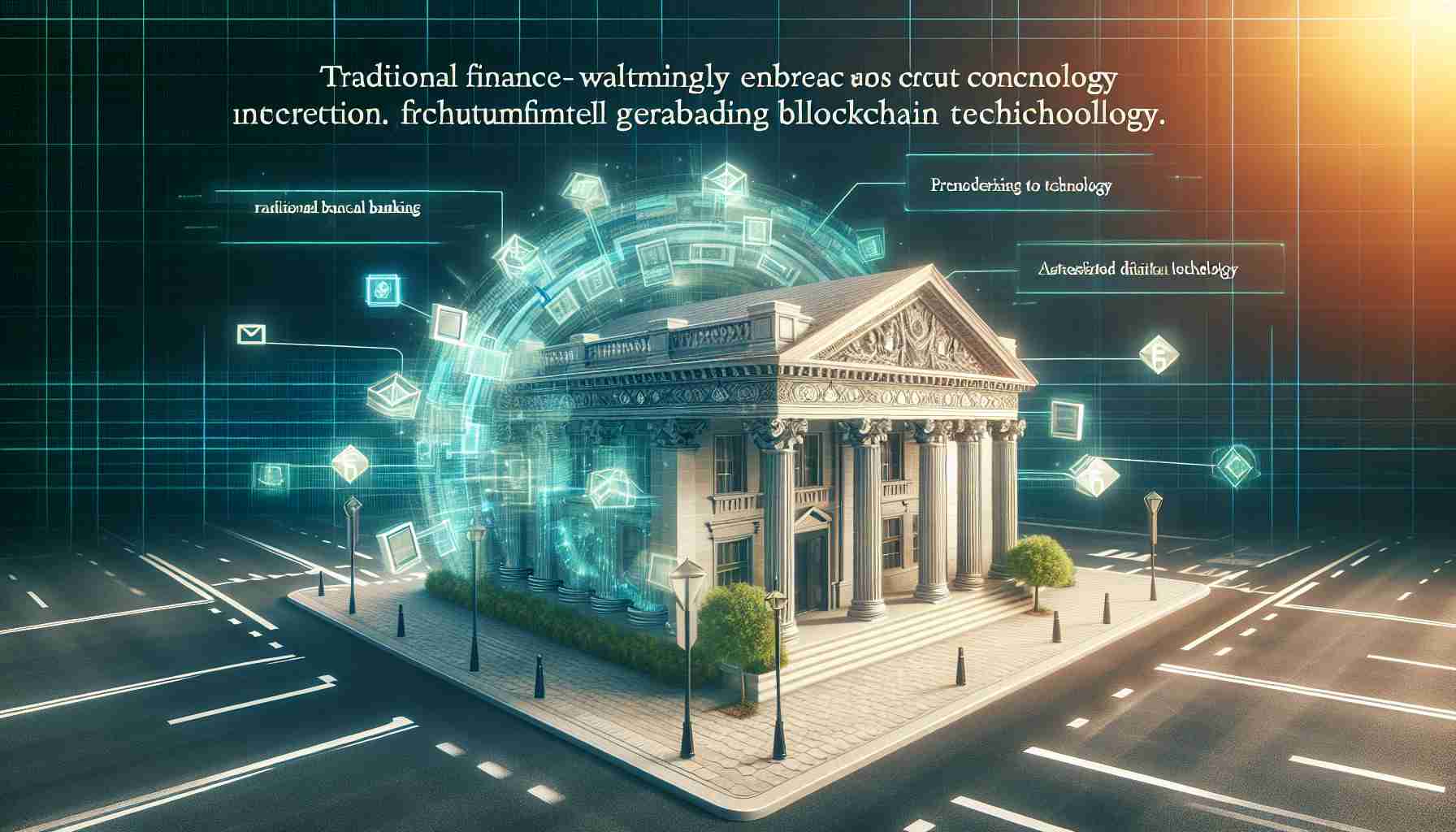 Create a realistic, HD image inspired by the concept of traditional finance warmly embracing blockchain technology. Visualization could include symbolic elements such as an old-fashioned, elaborate banking building and a futuristic digital structure intertwining in harmony, analogous to the advertisements put forth by well known financial institutions showing the intersection of pioneering technology and established financial systems.