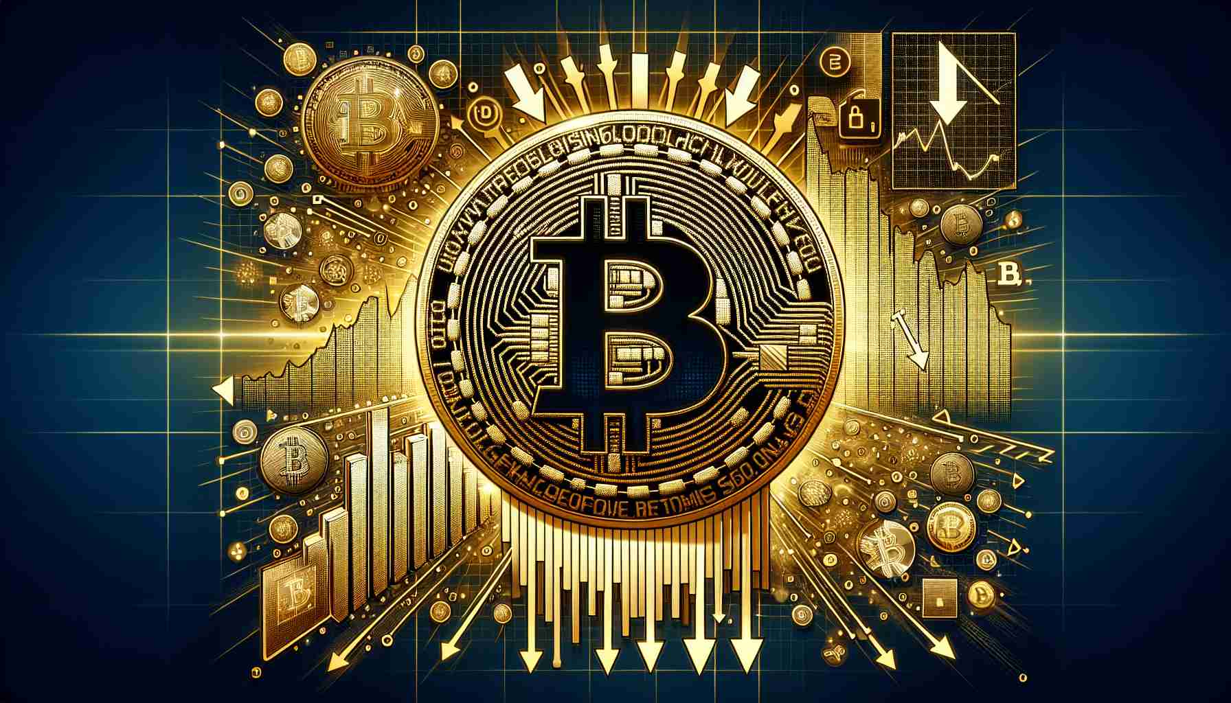 Generate a visually detailed high definition image featuring the concept of Bitcoin nearing a significant threshold of $60,000 and suggesting a potential for future drops. The image should symbolically represent Bitcoin, perhaps with a representative gold coin, and also illustrate the threatening threshold value of $60,000 through numbers or graphics. Small elements indicating possible future falls, such as down arrows or dropping lines on a graph, should also be present.