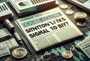 High-definition, realistic image display of a piece of news headline reading 'Dogecoin Sentiment Hits Yearly Low: A Signal to Buy?' Illustrate this in the context of a financial desk with scattered charts, graphs, a ticker tape, and news clippings. The main focus should be on the headline. Create a suspenseful atmosphere with the use of muted tones and high contrast.