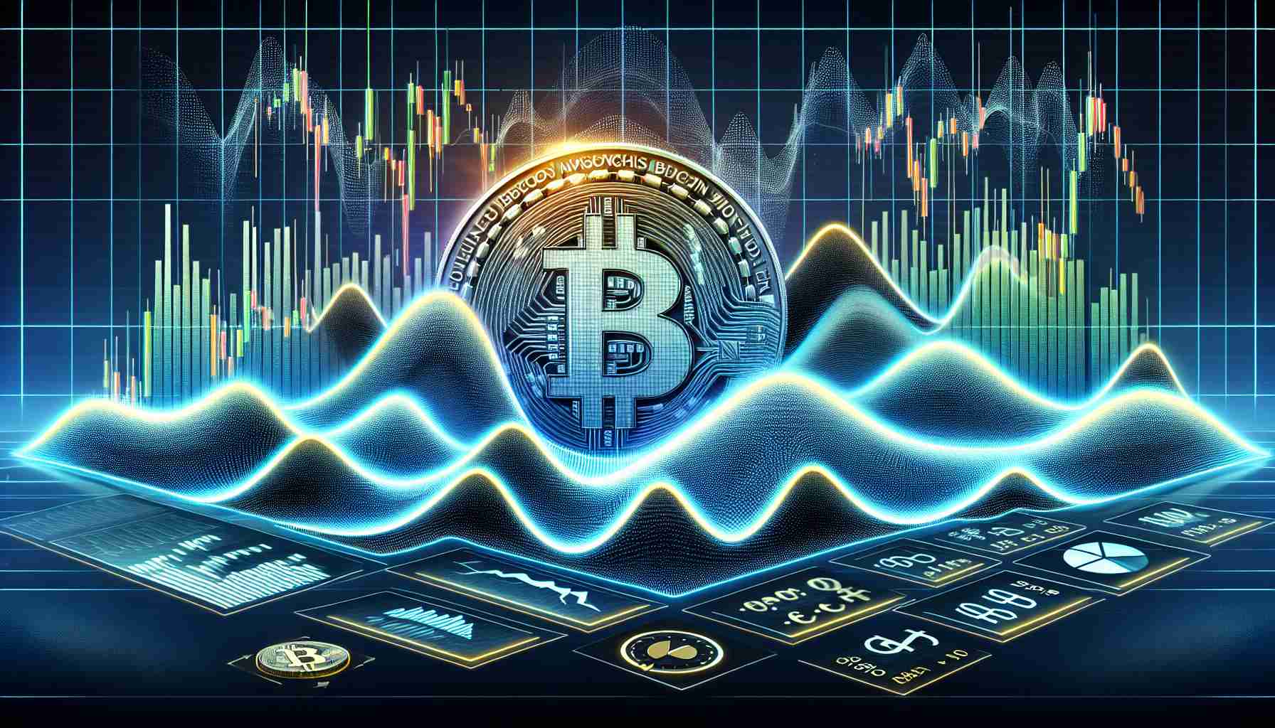 Generate a high-definition realistic visualization depicting the ripple effect of yield rate fluctuations on Bitcoin. The graphic should contain a sequence displaying the value of Bitcoin in a chart, with waves indicating the fluctuations in yield rates. Incorporate the symbol of Bitcoin and use notable financial indicators such as graphs, arrows and scales.