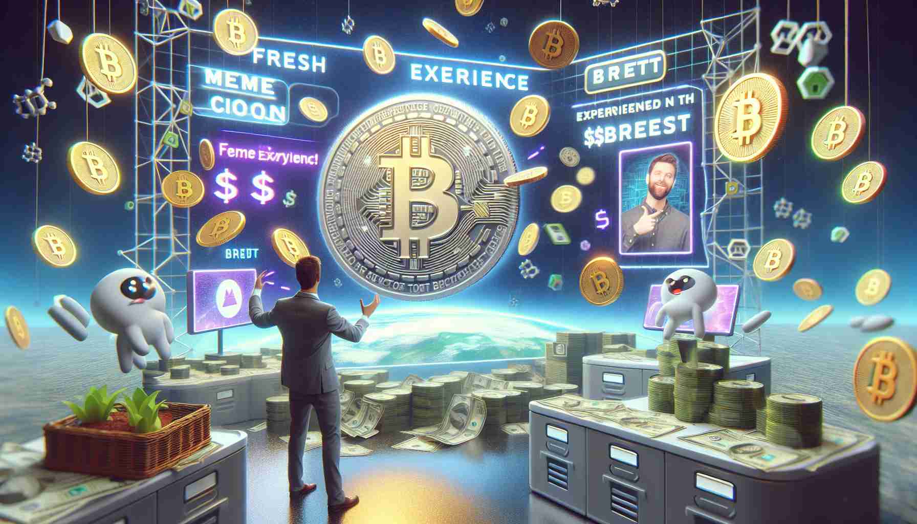 A high-definition, realistic illustration of a conceptual design promoting a fresh meme coin experience named '$BRETT' on the TON Blockchain. The scene might include blockchain symbols, cryptocurrency imagery, and elements indicating novelty and freshness associated with the TON Blockchain. Please avoid using any specific features or implications that might identify a specific person or a copyrighted character.