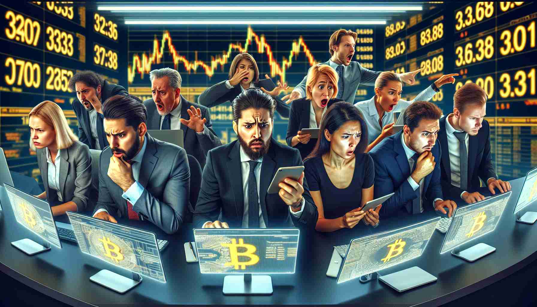 High definition image depicting a diverse group of Bitcoin investors. Display different reactions amongst them while they monitor changing cryptocurrency prices on their digital devices. Their facial expressions encapsulate determination and resolve, even as the prices fluctuate dramatically downwards. The background is a modern financial trading floor. Ensure the image emphasizes realism.