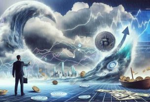 A realistic, detailed, and high-definition illustration that depicts the metaphorical concept of a financial analyst predicting a rising tide for the Covalent cryptocurrency in the midst of market turbulence. The scene should include symbolic representations such as an ocean during a storm, with charts and graphs showing fluctuating market trends and a symbolic representation of the Covalent crypto ascending amidst this scenario.