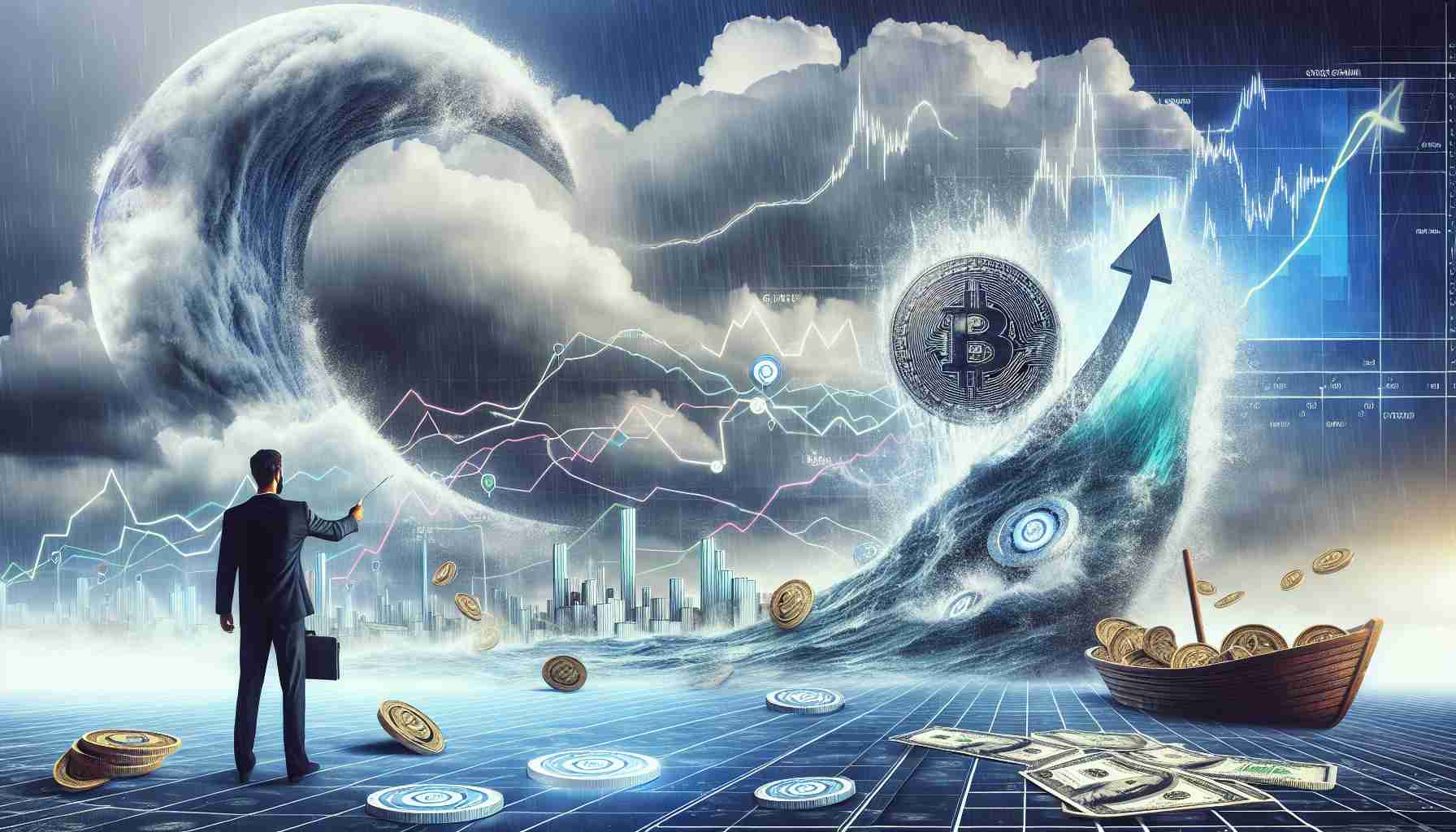 A realistic, detailed, and high-definition illustration that depicts the metaphorical concept of a financial analyst predicting a rising tide for the Covalent cryptocurrency in the midst of market turbulence. The scene should include symbolic representations such as an ocean during a storm, with charts and graphs showing fluctuating market trends and a symbolic representation of the Covalent crypto ascending amidst this scenario.