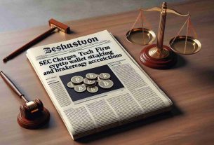 Generate a high definition, realistic image of a newspaper headline reading 'SEC Charges Tech Firm over Crypto Wallet Staking and Brokerage Accusations' with a related image of a balanced scale, symbolizing justice, placed beside the headline. The newspaper must appear on a wooden table.