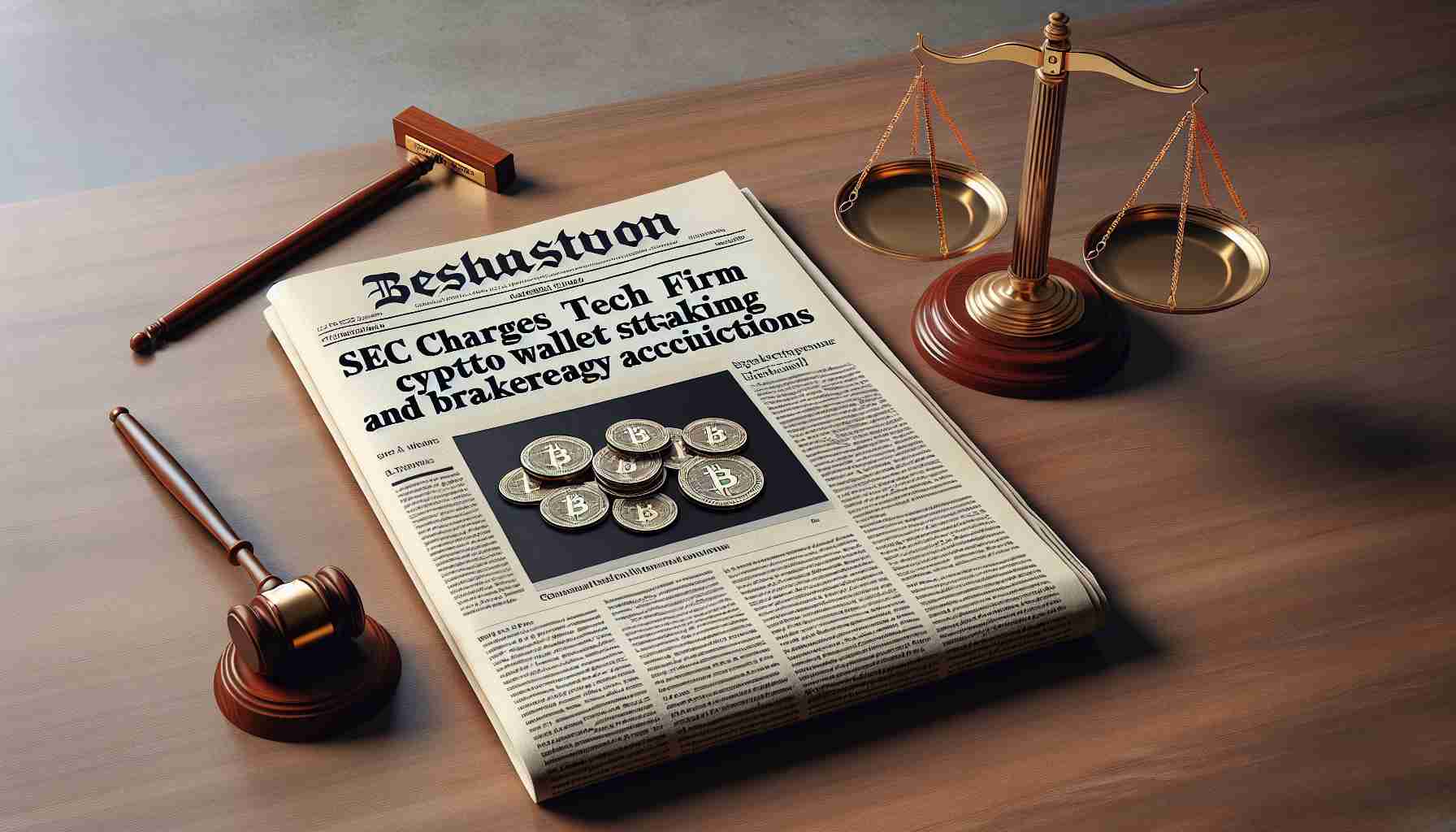 Generate a high definition, realistic image of a newspaper headline reading 'SEC Charges Tech Firm over Crypto Wallet Staking and Brokerage Accusations' with a related image of a balanced scale, symbolizing justice, placed beside the headline. The newspaper must appear on a wooden table.