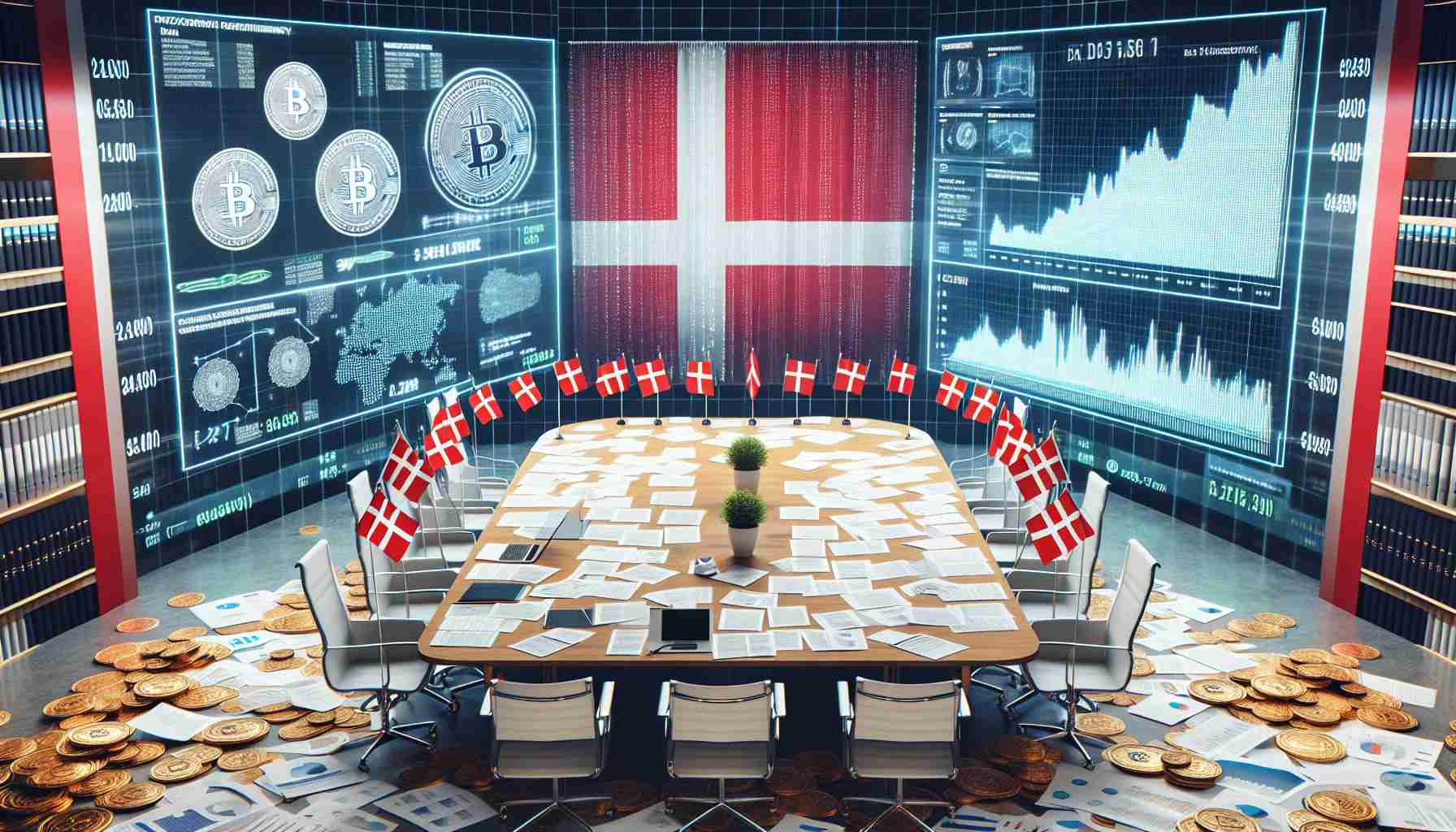 Create a hyper-realistic and high-definition image of a scene representing Denmark considering regulatory measures for self-custody cryptocurrency wallets. The image should include a large table filled with papers, charts, and diagrams related to cryptocurrency. Danish flags should be subtly incorporated into the design. Also, include a digital screen showing fluctuating crypto values in the background. Please avoid showing any specific individuals in the scene.