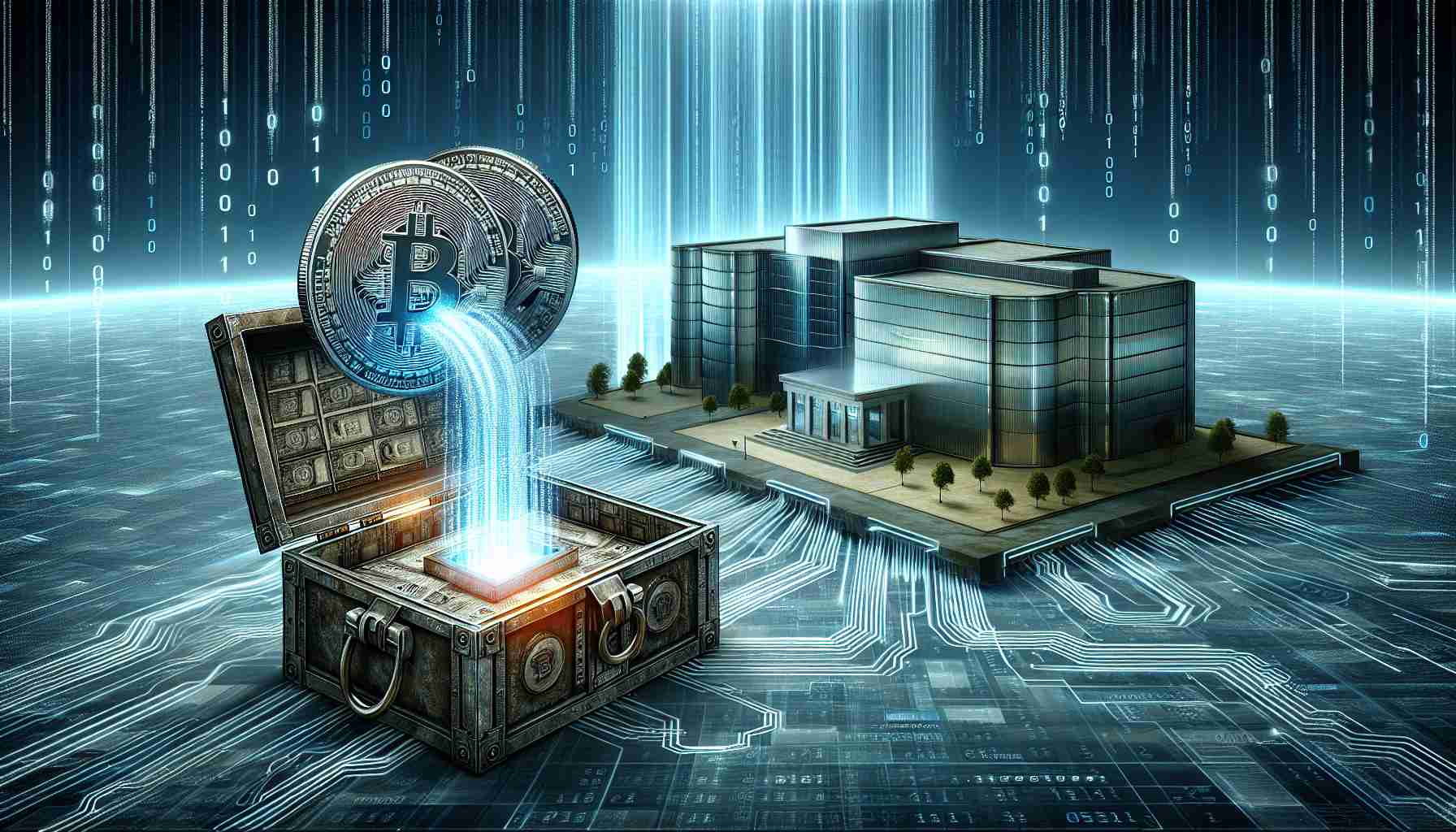 An HD image of a decade-old digital wallet activating and transferring multi-million dollar worth of Bitcoin to a major cryptocurrency exchange. The exchange appears as a large, modern building made of steel and glass on a digital landscape. Beneath the building, numerous lines of binary code indicate the flow of transactions. The wallet should look like an ancient sealed chest opening, from which streams of binary code representing Bitcoin flow towards the exchange. The surrounding landscape is a blend of digital matrix and natural scenery.