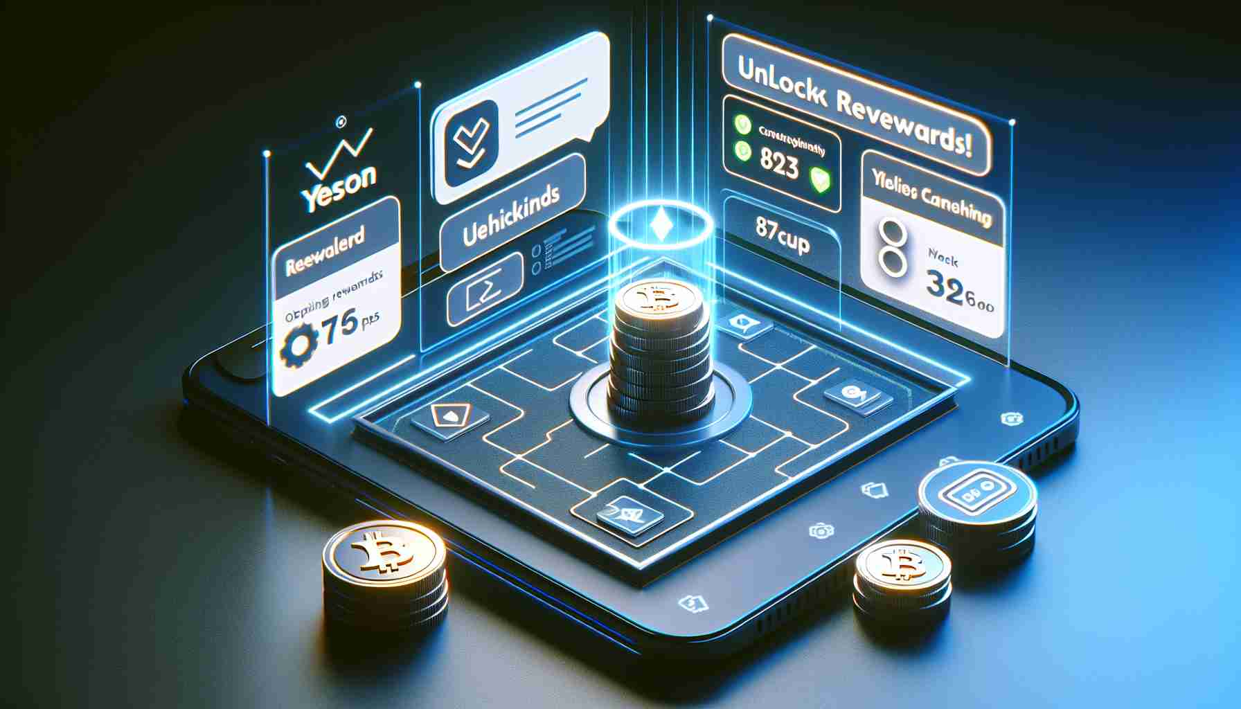 High-definition realistic image of a user interface depicting the process of unlocking rewards in a hypothetical online gaming platform called Yescoin, which is closely connected with a popular messaging app. The interface should be user-friendly, appealing, and clearly show the progression of game rewards.