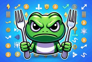 Generate a high-definition, realistic image of a green cartoon frog, showing an angry facial expression. The frog is holding a fork in a way that suggests it is ready for competition. In the background, there are symbols for various digital cryptocurrencies.